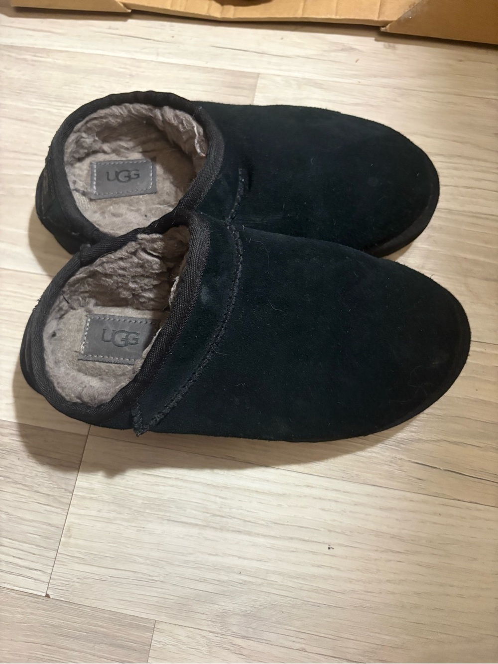 UGG Black Suede Shearling Clog Slippers